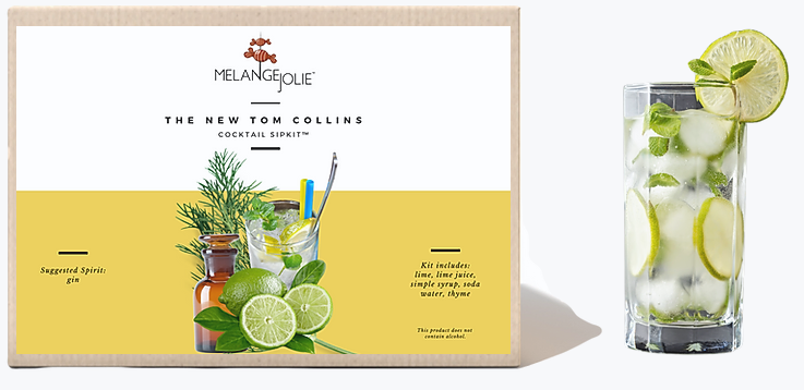 Mélange Jolie Tom Collins Cocktail SipKit™ with ingredients and glass, showcasing zesty lime juice and thyme leaves.